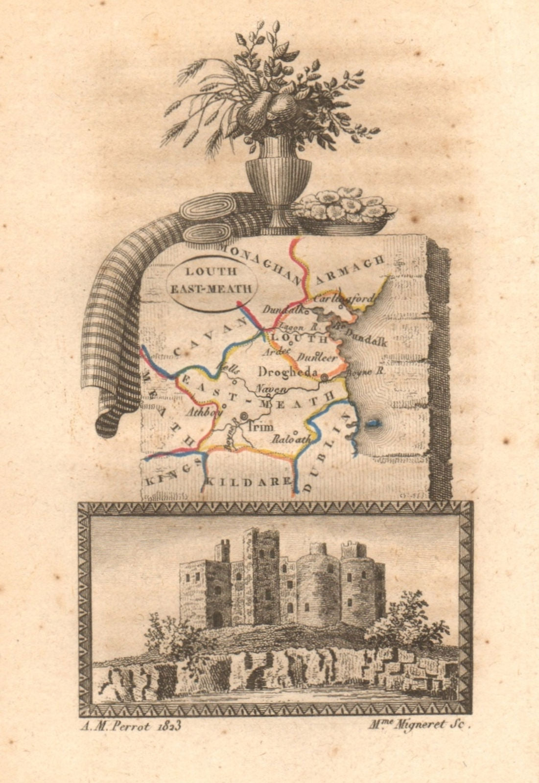 LOUTH & EAST MEATH (MEATH) antique county map by PERROT. Leinster 1824 old